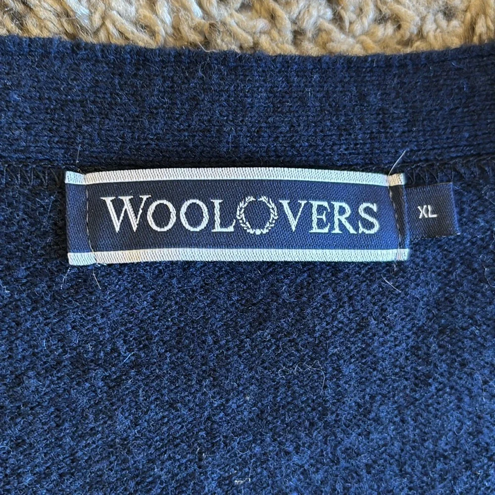 Woolovers Mens Lambswool‎ V Neck Pure Lambswool Cardigan Navy Blue Size XLarge
